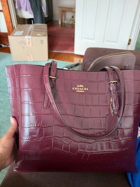 Coach Croc-Embossed Mollie Leather Tote in Deep Burgundy/Gold Hardware Large
